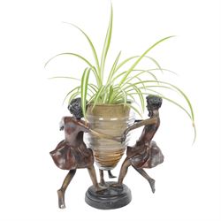 After Edouard Louis Collet: Circle of Three, bronze and glass centrepiece, H22cm