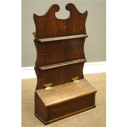  19th century oak spoon rack, shaped back with swan neck cresting  and two pierced racks, above a slope top compartment, H75cm, W43cm  