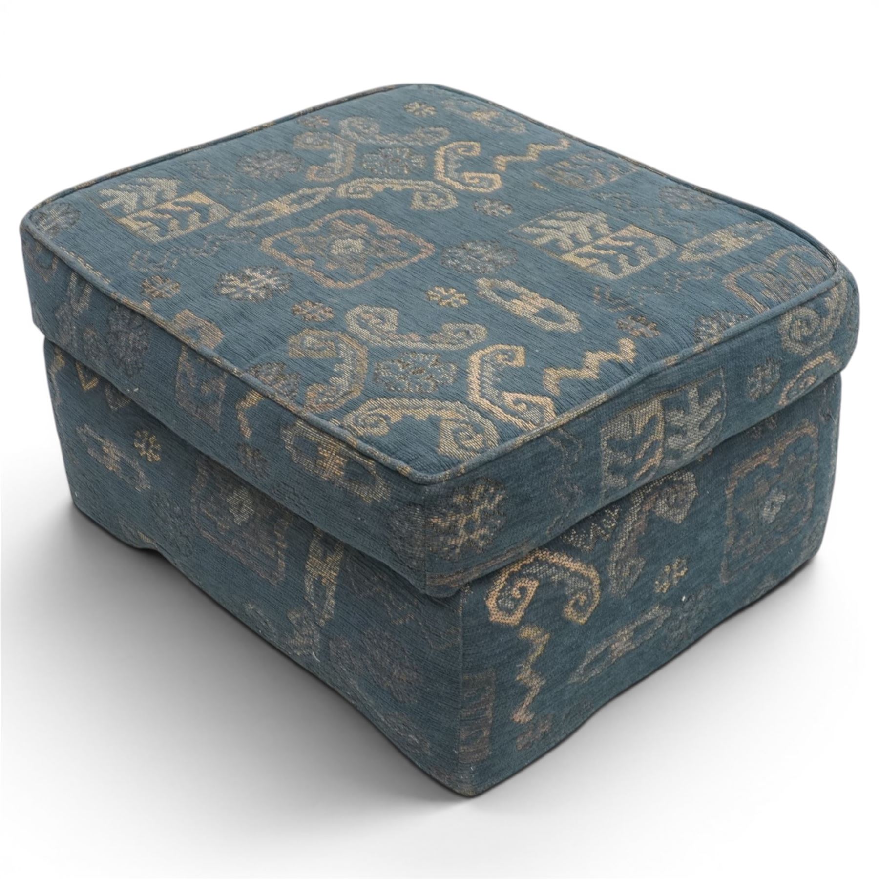 Edwardian design Knole-type drop-end two seat sofa, of traditional shape with hinged drop arms held by ropetwist tassels, upholstered in cobalt blue geometric patterned fabric, with loose seat and scatter cushions; together with matching ottoman footstool (W70cm D55cm H39cm)