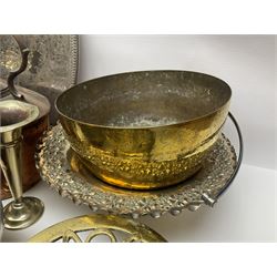 Copper kettle, together with silver plated tea service and other metalware