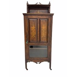 Edwardian rosewood music side cabinet, inlaid detail, raised back with small shelf, above single panelled door