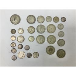 Approximately 28 grams of pre 1920 silver coins including four pence pieces and approximately 120 grams of pre 1947 silver coins including 1926 halfcrown etc