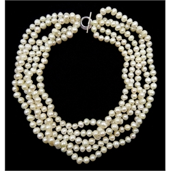 Five strand cultured pearl necklace, with silver clasp stamped 925