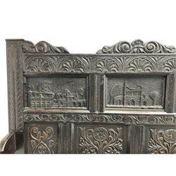 19th century Gothic revival oak settle hall bench, cresting rail carved scrolling and foliate decoration with lunette frieze, triple panelled back depicting local Abbey views of Byland, Rievaulx and Kirkstall, above panels carved with stylised sunflowers, hinged box seat compartment, the front frieze carved with trailing acanthus leaves over three panels with geometric floral design