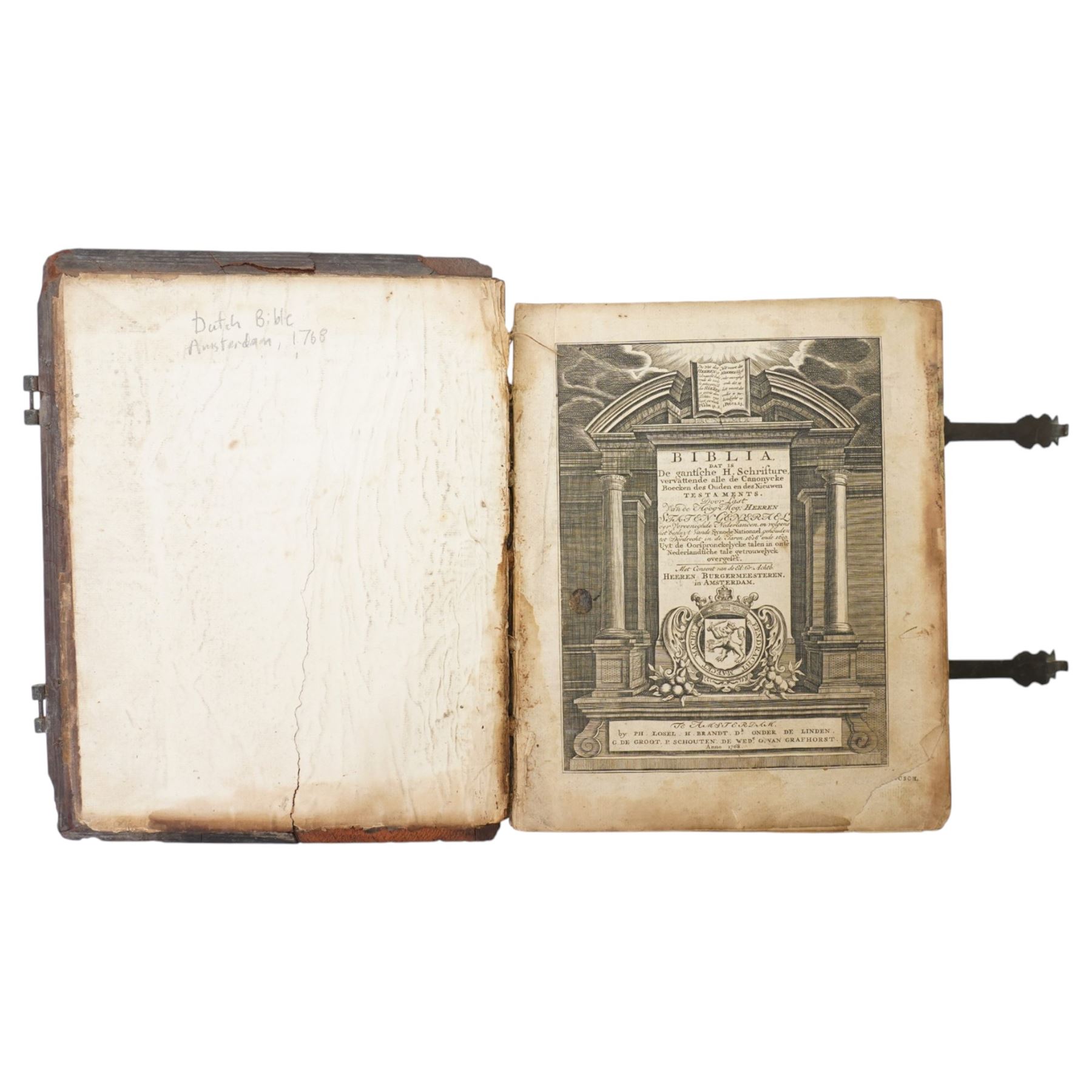 Biblia, dat is de gantsche H. Schrifture..., Dutch States Bible, engraved title, separate New Testament title, metrical Psalms with musical notation, Amsterdam: Ph. Losel, H. Brandt, D. Onder de Linden, G. de Groot, P. Schouten and de Wed. O. van Grafhorst, 1768, contemporary panelled calf with brass clasps, 29 x 23cm