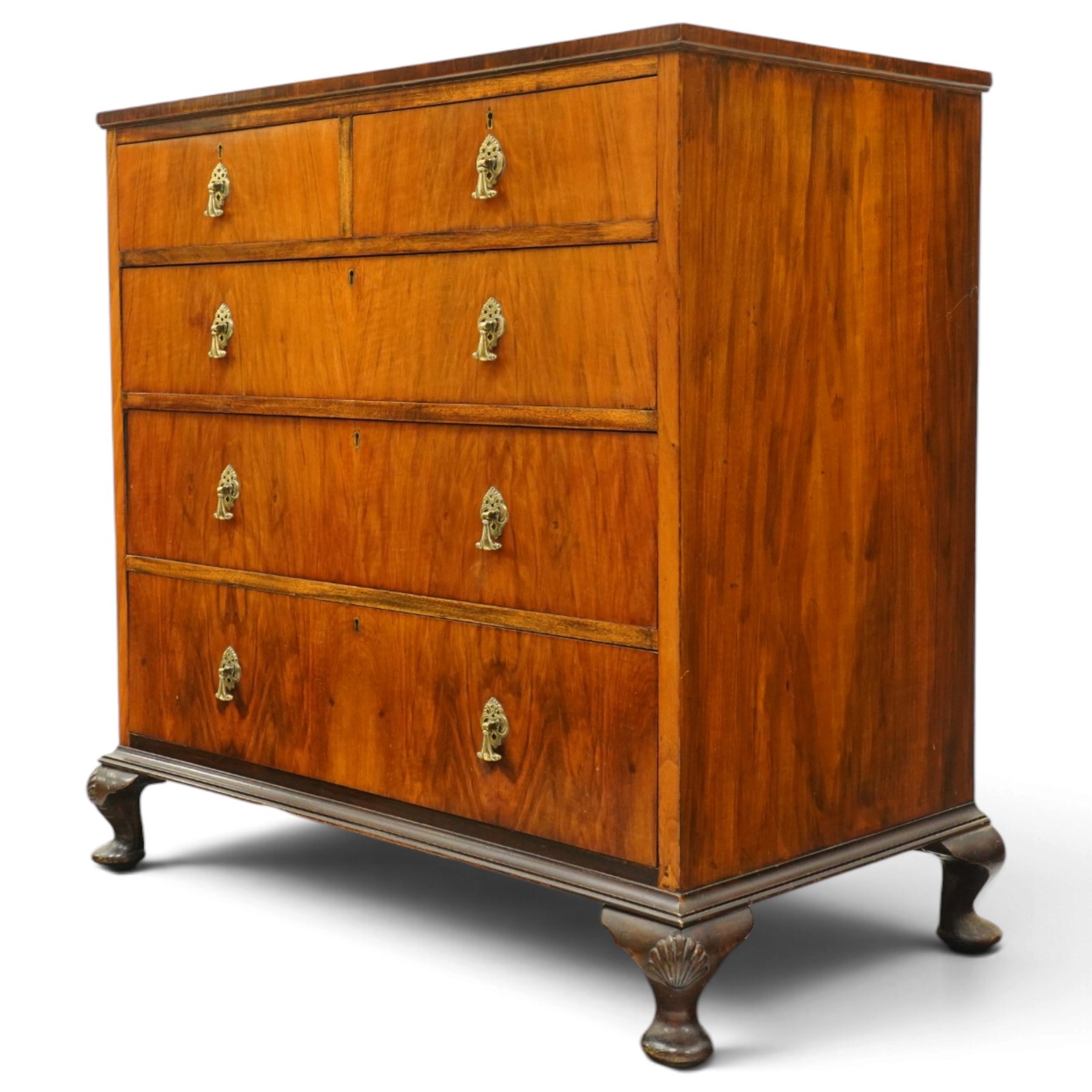 Early 20th century figured walnut chest, rectangular top with burr crossbanding, fitted with two short over three long drawers with brass drop-handles, lower moulded edge over shell-carved cabriole feet