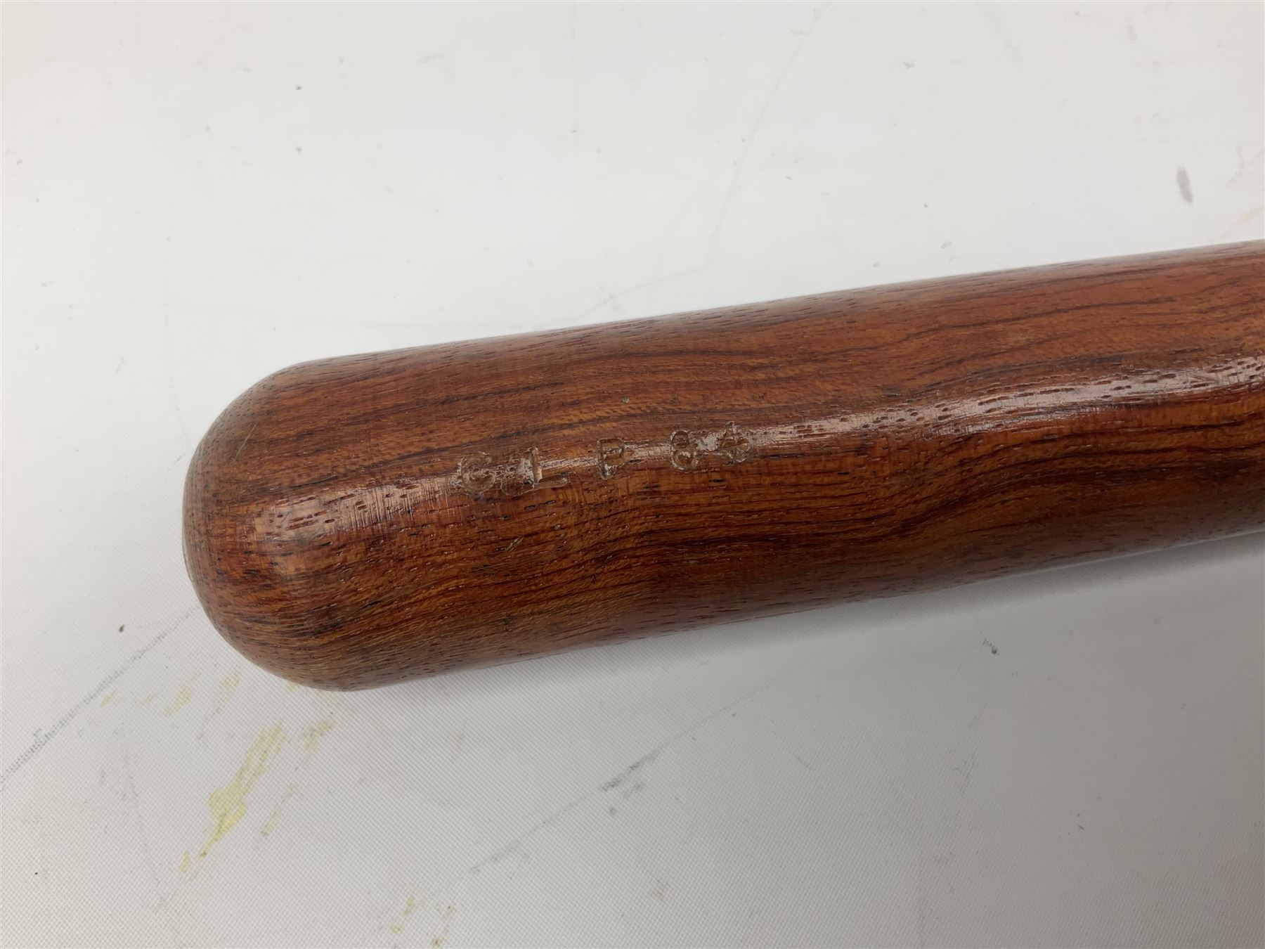 Three police turned hardwood truncheons comprising two patrol truncheons and WPC short truncheon (3)