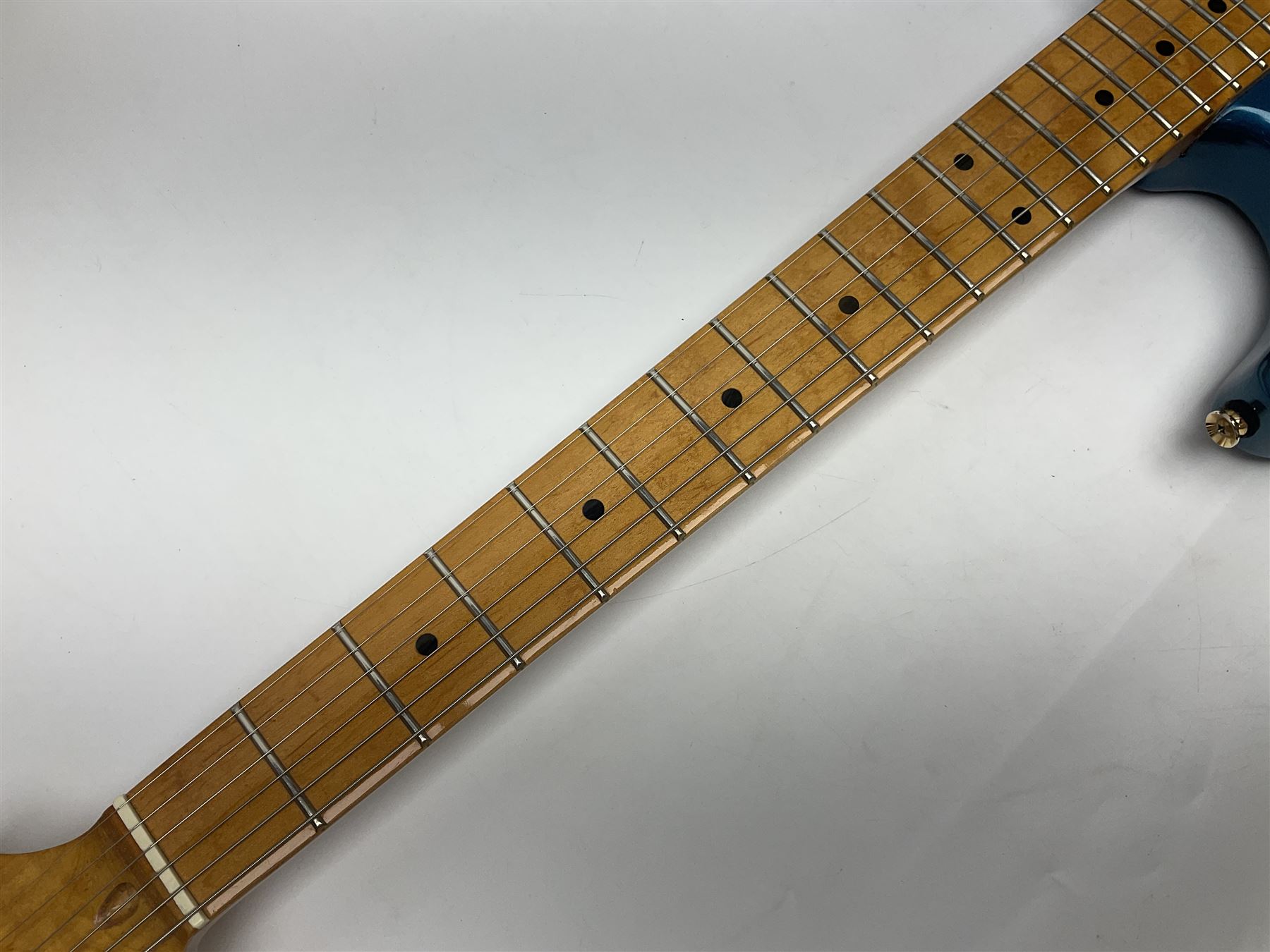 Fender Stratocaster style electric guitar in metallic blue with Rio Grande pick-ups and Fender back-plate L98cm; in Fender soft carrying case