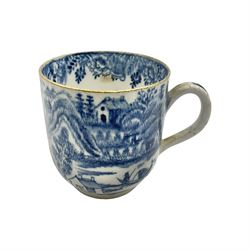 Rare 18th century Bow porcelain coffee cup, circa 1765-1770, profusely decorated with figures and dwellings in a rocky landscape, the interior with wide foliate border, H6cm