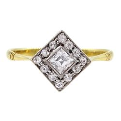 Gold milgrain set princess cut and round cut white sapphire square cluster ring, stamped 18ct