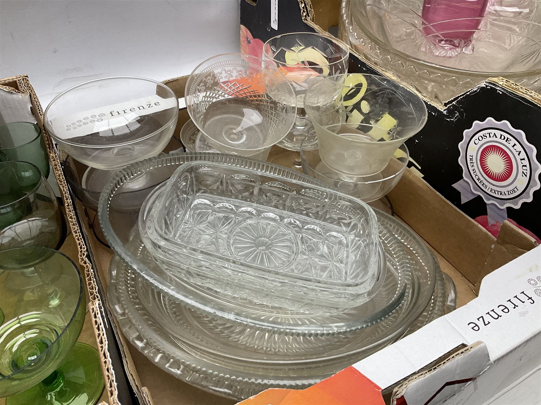 Large collection of glassware to include Schweppes soda syphon, Murano, vases, drinking glasses, coloured glass, cranberry etc in seven boxes