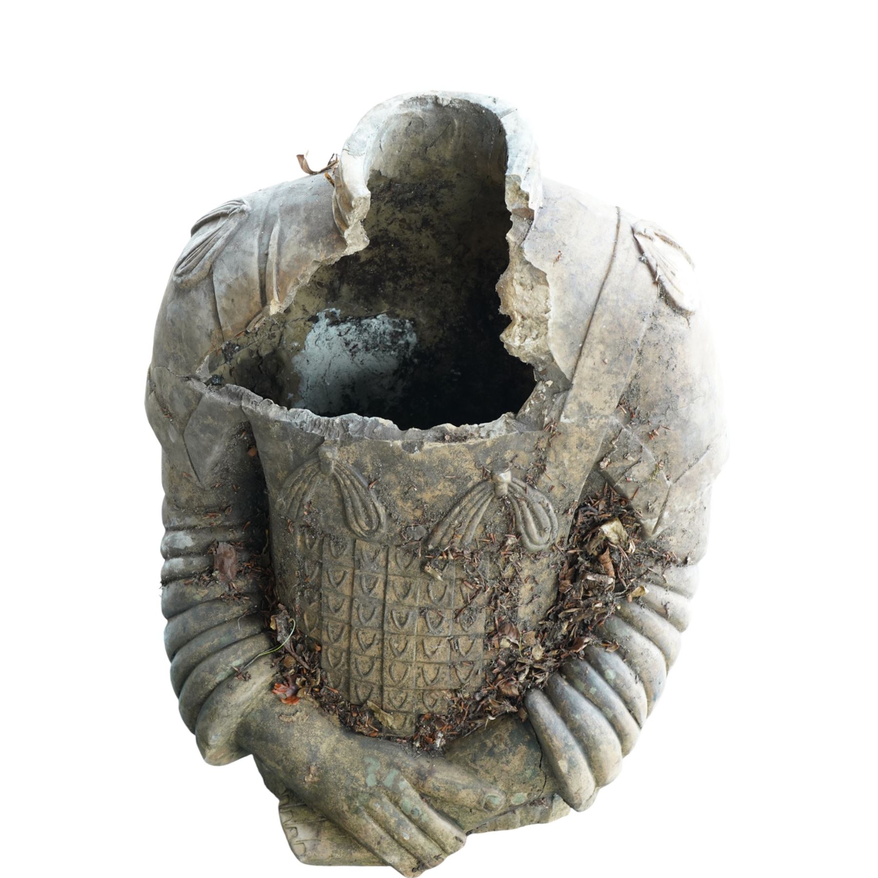 Two near life-size terracotta warrior figures, modelled in the style of the Qin dynasty soldiers, each kneeling with one arm raised, wearing detailed armour and tunics, one example partially damaged and lacking sections