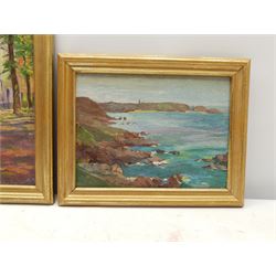 Harry Edmunds Crute (British 1888-1975): Cornish Beach Scene, oil on board signed 15cm x 19cm, together with two similar oils one signed Smith, inscribed verso 14cm x 19cm (3)