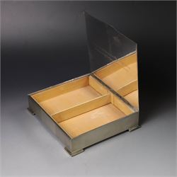 1960s silver mounted cigarette box, of rectangular form with engine turned decoration, upon four bracket feet, with presentation engraving to interior lid reading  'British Aircraft Corporation (Operating) Limited Commemorating the Queen's Award to Industry 1967, hallmarked James Geraghty, Birmingham 1965, with retailers mark for Asprey, W16.5cm, H4.5cm