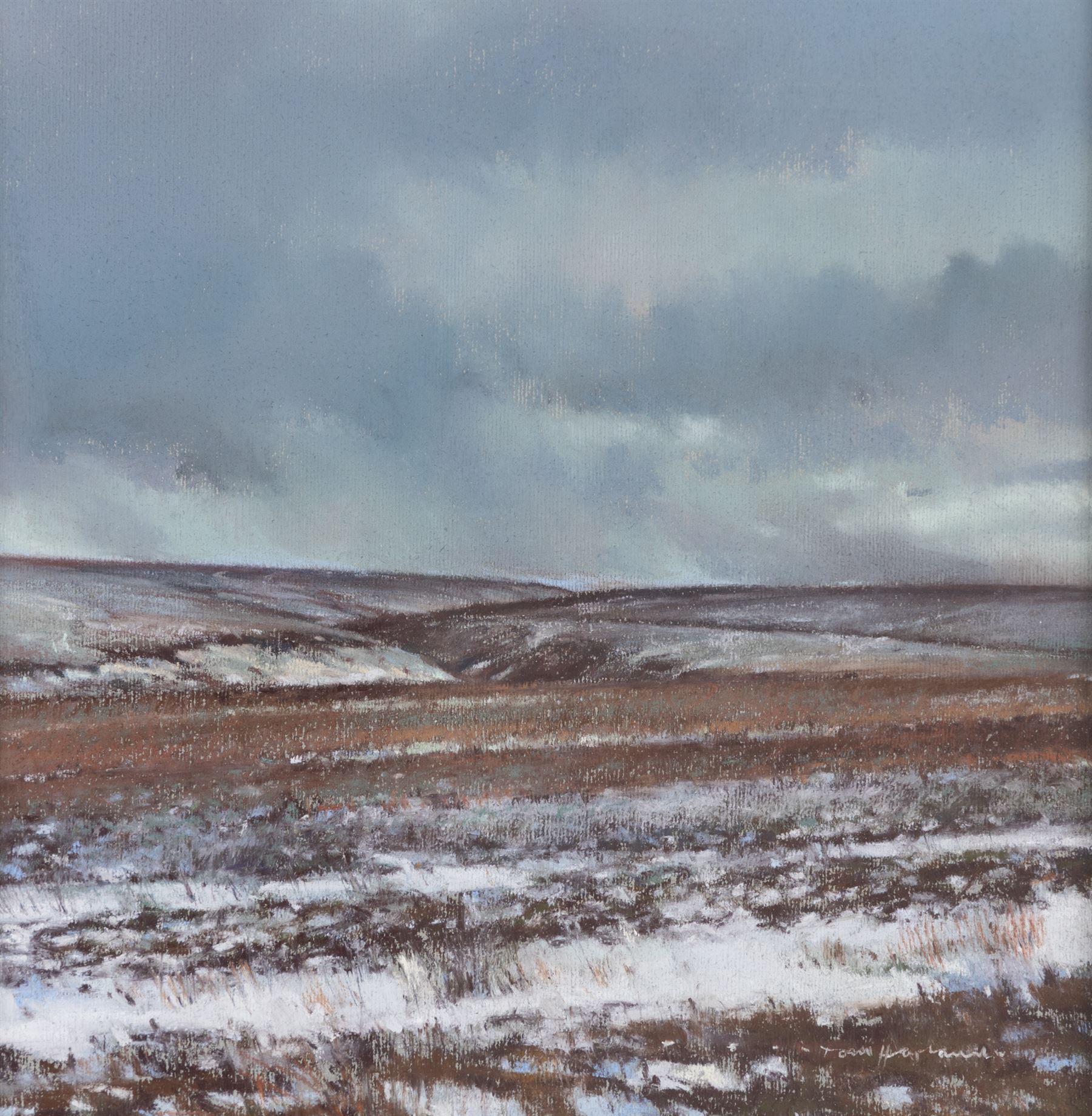 Tom Harland (Yorkshire 1945-2012): 'Snow Flurries', oil pastel on board signed, titled verso 28cm x 27cm 