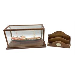 Model ship in glazed case together with a wood letter rack