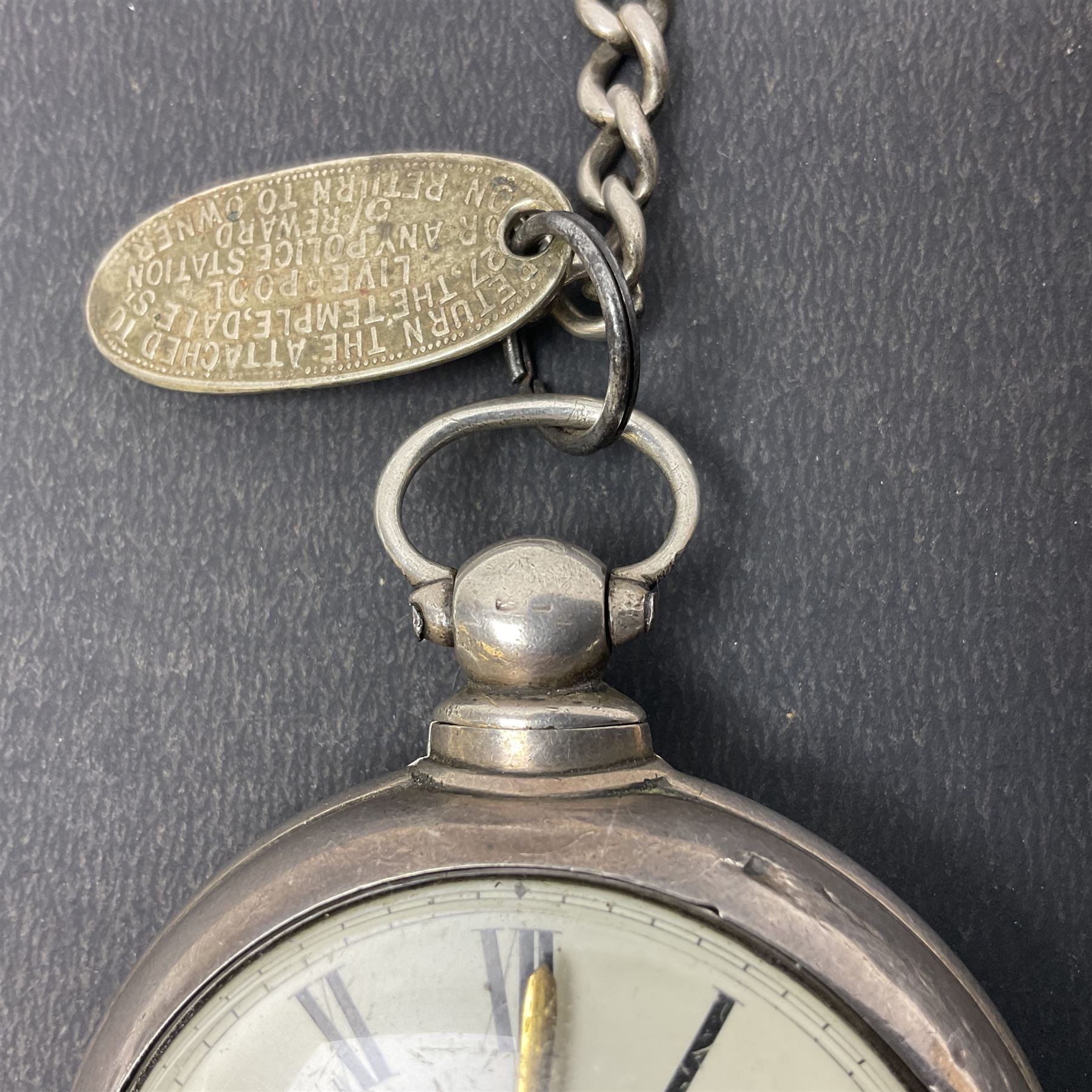 Victorian silver pair cased fusee lever pocket watch, No. 6765, cream enamel dial with Roman numerals, case makers mark R.S, Birmingham 1861, on silver Albert chain