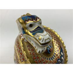 Two Royal Crown Derby paperweights, Dragon of Happiness, limited edition 1227/1500 and Dragon of Good Fortune, limited edition 1227/1500, both with gold stopper, hardwood base, certificate and with printed mark beneath