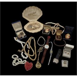 Pair of gold stud earrings, gold shirt stud, silver locket, Longines Flagship and a collection of costume jewellery