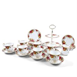 Royal Albert Old Country Roses tea set, comprising cake stand, milk jug, seven dessert pla...