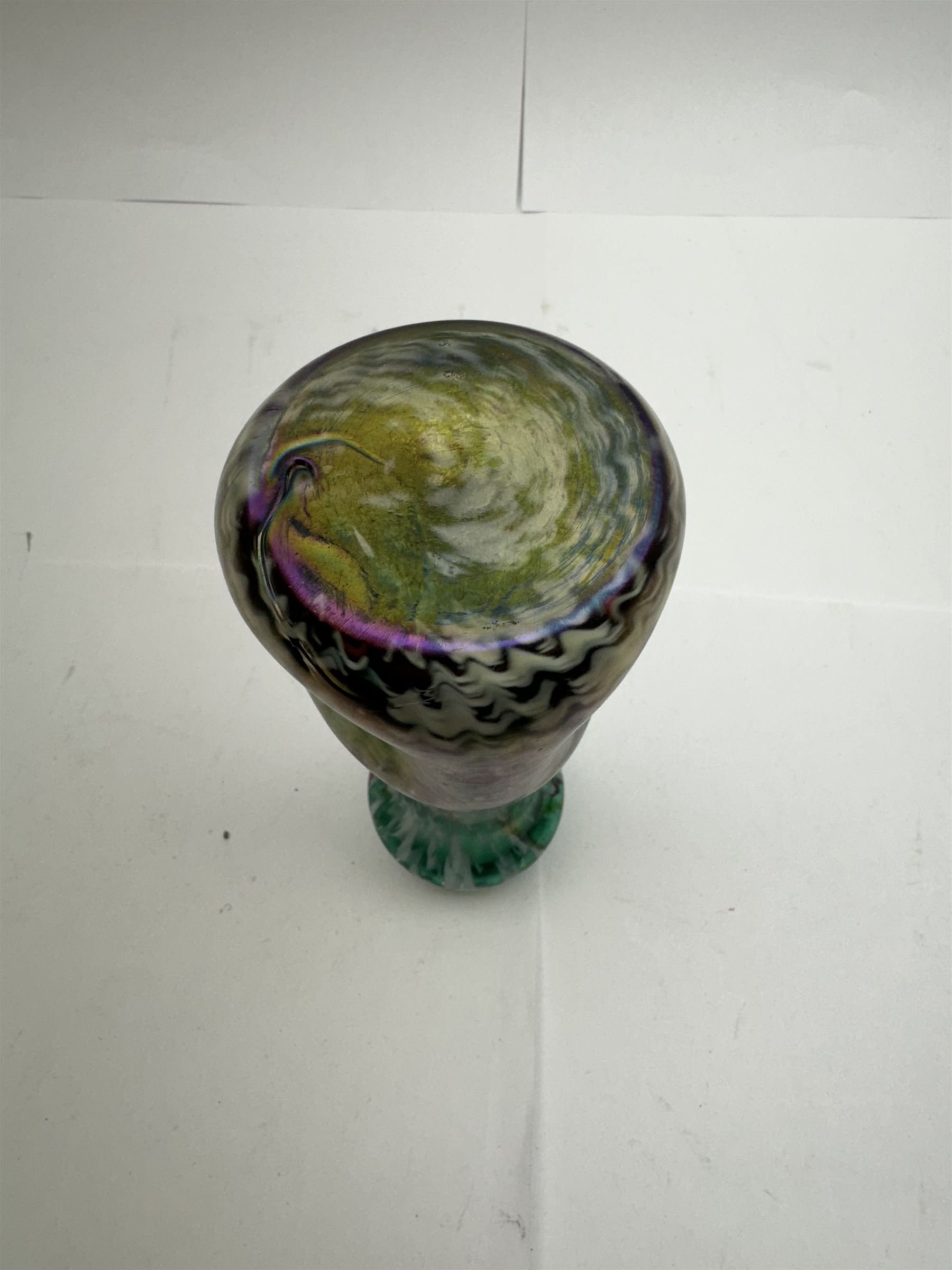 Three Austrian Art Nouveau green iridescent glass bottleneck vases, probably Rindskopf, to include one example with hallmarked silver collar, tallest H18cm (3)