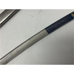 Early 19th century French Lancers officer's sword c1810, the 84cm curving fullered blade retaining most of its bluing, gilding and engraved decoration, inscribed I.S.& C. to ricasso (for Schimelbusch), brass three-bar hilt with elongated elliptical langets and wire-bound leather grip; in polished steel scabbard with two brass suspension rings L100cm overall