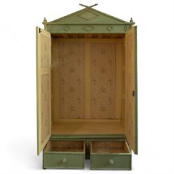 Regency design chinoiserie painted pine armoire, finished in sage green with carved simulated bamboo mouldings, projecting pediment with central lozenge panel, frieze decorated with small lozenges  surmounted by crossed finials, twin doors with diamond-shaped mouldings, interior with hanging cupboard, framed by full-length faux bamboo pilasters, above lower section with two short drawers on post feet 