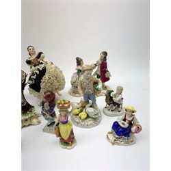 A group of various Continental figures, to include examples marked Dresden and Capodimonte, plus others with spurious blue cross marks beneath. (14). 