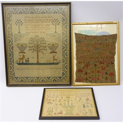  Three 19th century samplers: worked with the alphabet, central altar table, flowers etc dated 1811, another dated 1821 and one other worked by Mary Ann Bennets worked aged 15 years, Seamer School, 40cm x 51cm (3)  