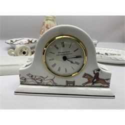 Collection of ceramics including Wedgwood Hunting Scenes clock, trinket box and other items, Coalport Karen and Beatrix potter figures and dish 