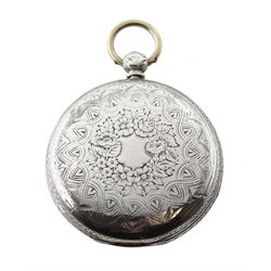 Victorian silver full hunter English lever fusee pocket watch, No. 31818, engraved balance cock with diamond endstone, white enamel dial with Roman numerals and subsidiary seconds dial, Fleur de Lys hands, engraved case by Henry Buckland, London 1868