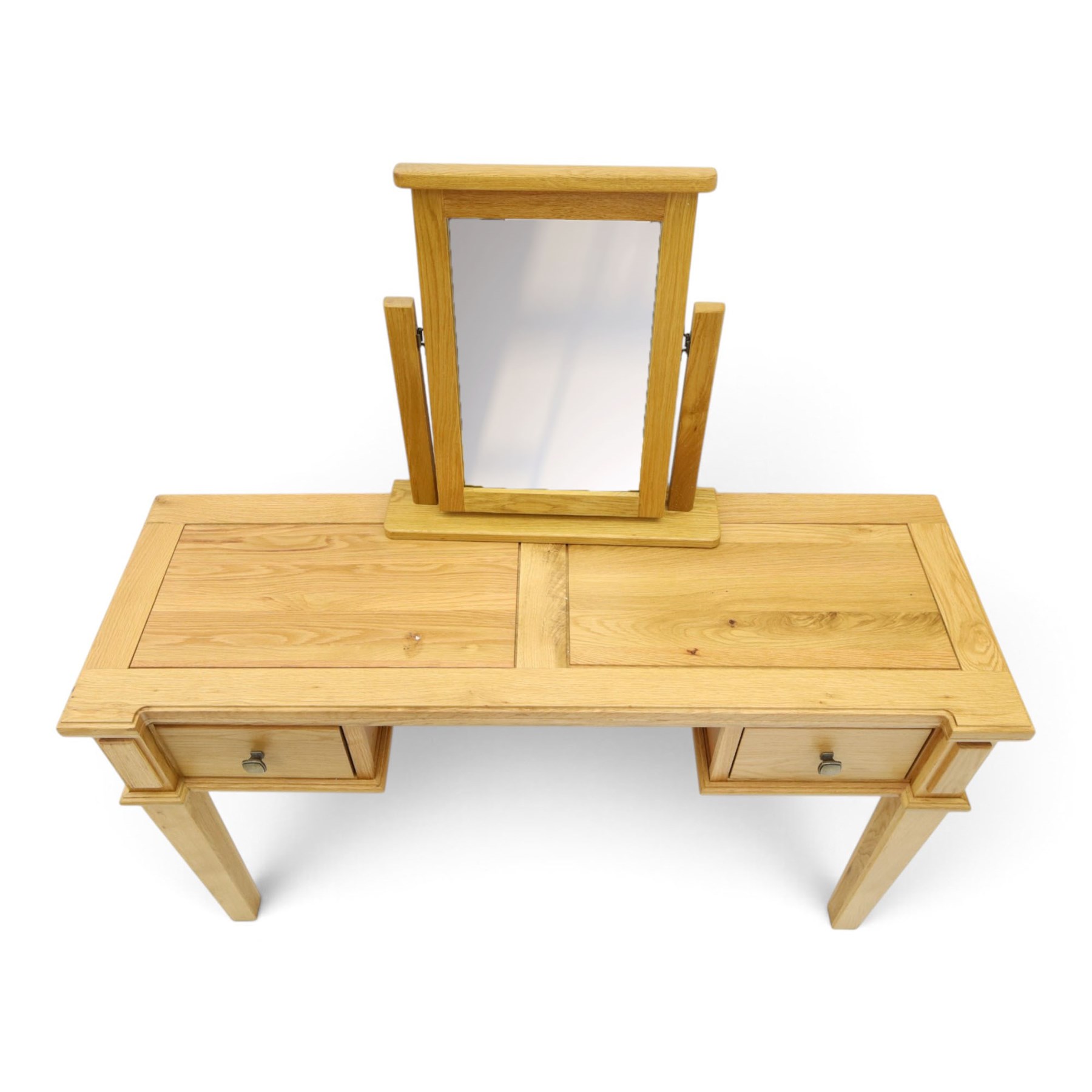 Contemporary oak kneehole dressing table and mirror, rectangular shaped top fitted with two drawers, on square tapering supports