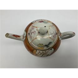 Two late 18th/early 19th century Chinese export teapots, the largest example of globular form with curved handle and straight spout, decorated in the Mandarin style with figural scenes surrounded by red scale reserves, H13.5cm, the second smaller example decorated in underglaze blue with two musicians in a landscape set with willow tree and fence, H10.5cm

