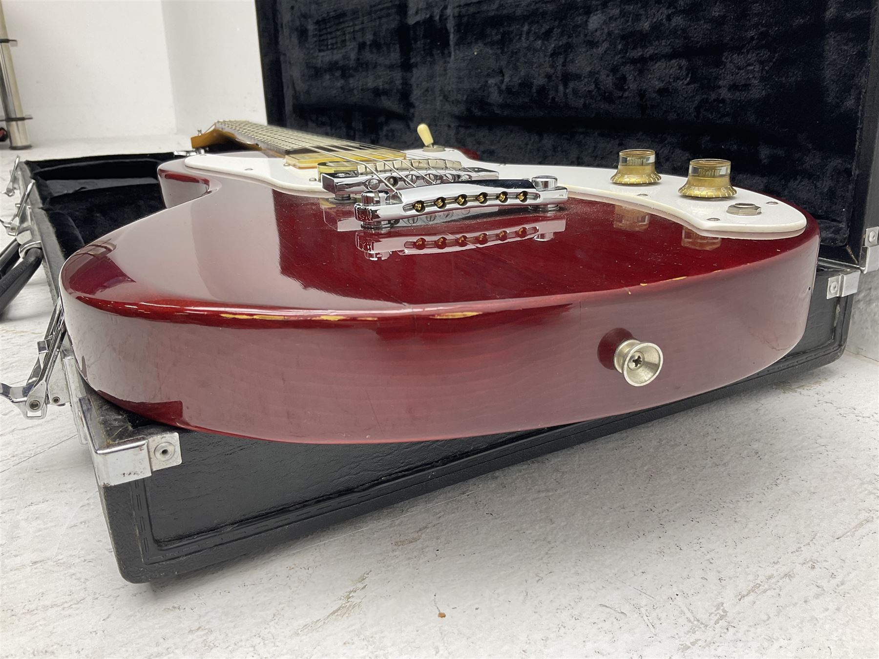 Gibson Marauder style six-string electric guitar with cherry coloured body, marked made in Japan L101cm; in locking hard carry case