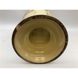 Pair early 20th Century Japanese floor vases of ovoid form, painted with warriors and elders within geometric designs and gilding, H61cm