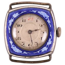 Art Deco silver and enamel ladies wristwatch, with blue guilloche enamel floral decoration...