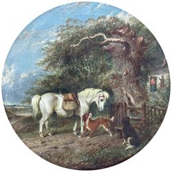 Circle of James Ward RA (British 1769-1859): Pony and Dogs at the Cottage Stile, circular oil on canvas unsigned 30cm diameter