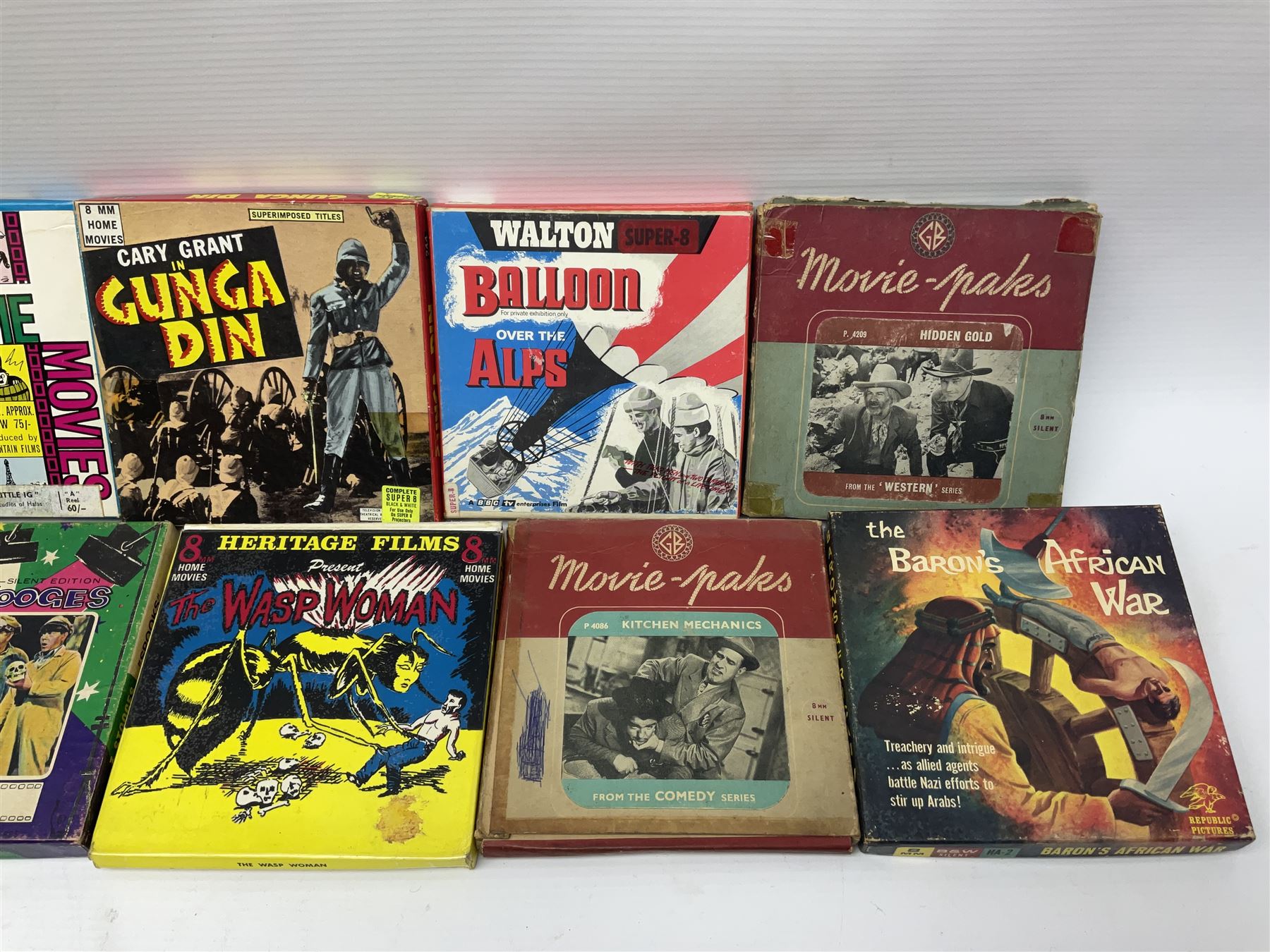 Film reels, mostly 8mm, to include Charlie Chaplin, Laurel & Hardy, The 3 Stooges, Spartacus the Gladiator etc 