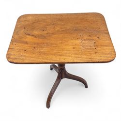 Early 19th-century mahogany tripod table, rectangular tilt-top with rounded corners, raised on a turned baluster column and tripod base with line inlaid down-swept legs 