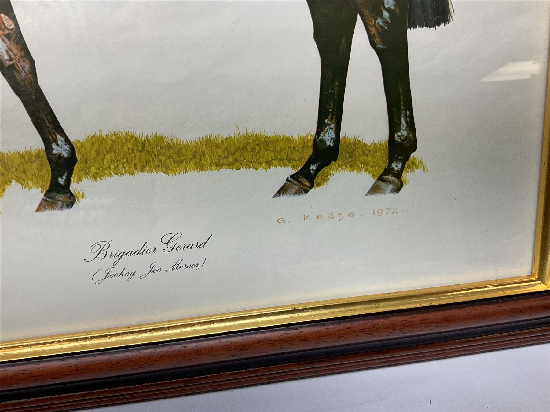 After G Keane (British 20th century): 'Mill Reef' and 'Brigadier Gerard', pair colour prints together with three further prints of Race Horses (5)