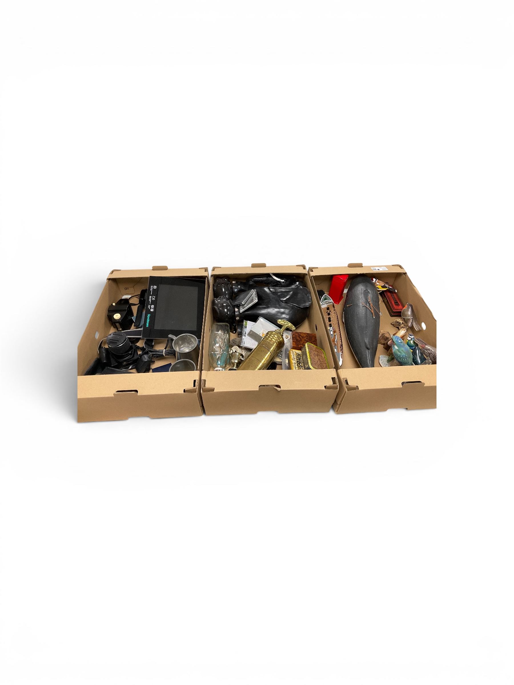 Pyrene brass vintage fire extinguisher, together with cameras, wooden whale and other collectables, in three boxes  
