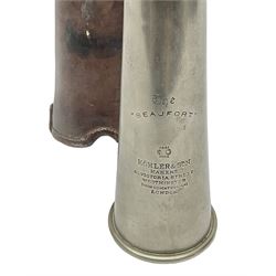 19th century telescopic hunting horn, the bell engraved 'The Beaufort', with makers mark Kohler & Son, makers, 61 Victoria Street, Westminster (from Covent garden) London, in a leather sheath, horn full extended L91cm 