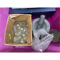 Various glass light  accessories, door locks, plated ware etc, in two boxes