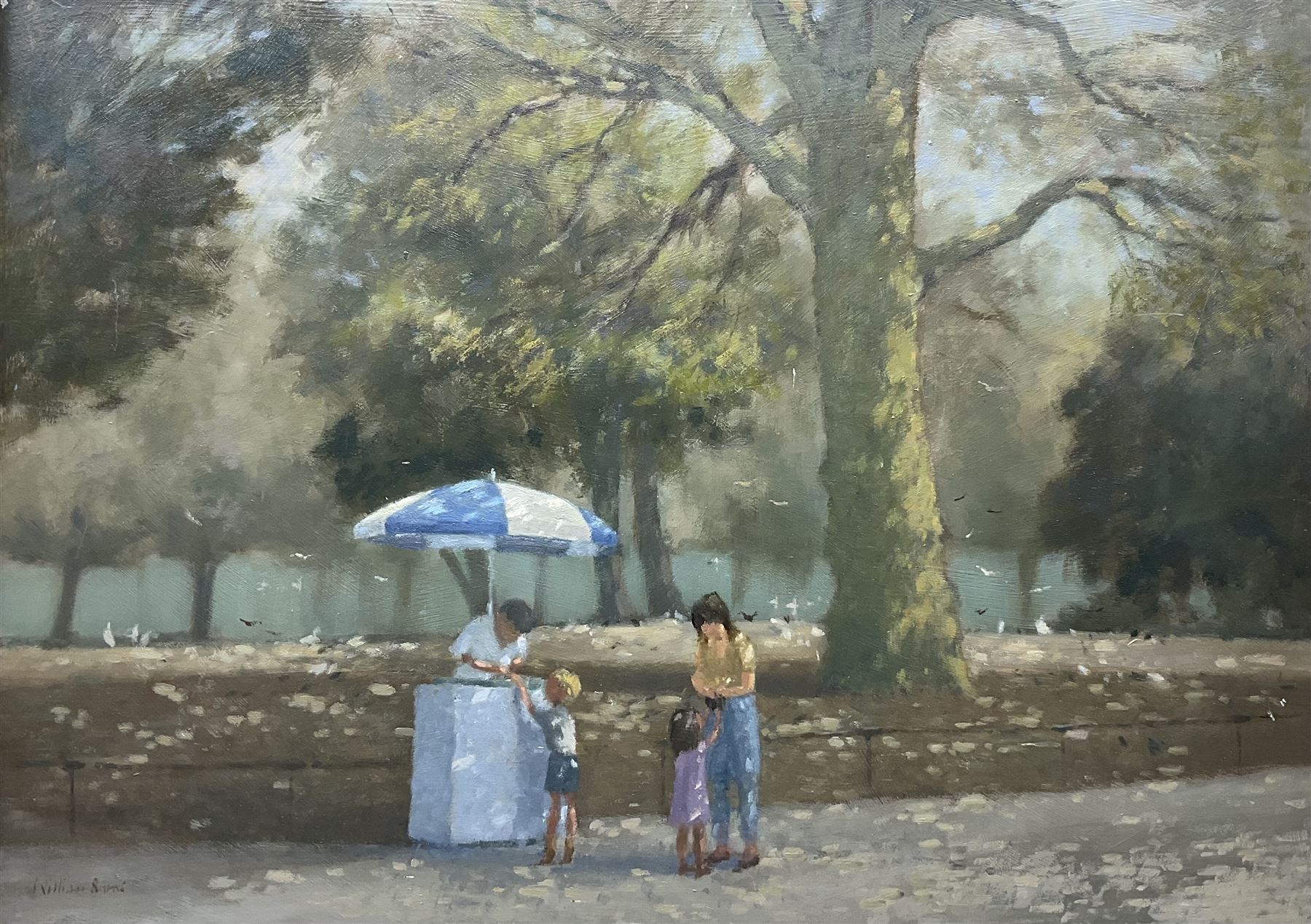 William Burns (Northern British 1923-2010): 'The Ice Cream Man - St James' Park', oil on board signed, titled verso 50cm x 70cm Provenance: Direct from the family of the artist. 
Notes: Born in Sheffield in 1923, William Burns RIBA FSAI FRSA studied at the Sheffield College of Art before the outbreak of the Second World War, during which he helped illustrate the official War Diaries for the North Africa Campaign, and was elected a member of the Armed Forces Art Society. On his return, he studied architecture at Sheffield University and later ran his own successful practice, being a member of the Royal Institute of British Architects. However, painting had always been his self-confessed 'first love', and in the 1970s he gave up architecture to become a full-time artist, having his first one-man exhibition in 1979.