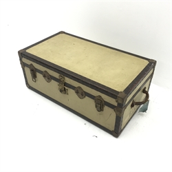  Vintage travelling trunk, hinged lid with clasp, two carrying handles, W91cm, H37cm, D51cm  