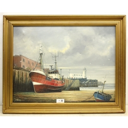  Jack Rigg (British 1927-): Scarborough Trawler SH226 by the West Pier at 'Low Tide', oil on canvas signed and dated 1978, titled signed and dated verso 49cm x 69cm  DDS - Artist's resale rights may apply to this lot    
