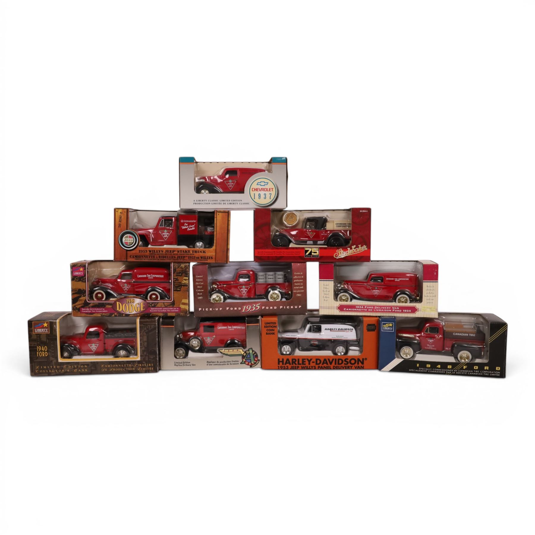 Ten diecast model collectors banks, comprising nine Liberty Classics Inc. examples, 1953 Willys Jeep Stake Truck, 1922 Studebaker Big Six Pick-Up, 1937 Chevy, 1948 Ford, 1936 Dodge, 1934 Ford Delivery Van, 1940 Ford, 1935 Ford Pickup, Canadian Tire Corporation 70th Anniversary Delivery Van and a Harley Davidson 1953 Jeep Willys Panel Delivery Van, all boxed