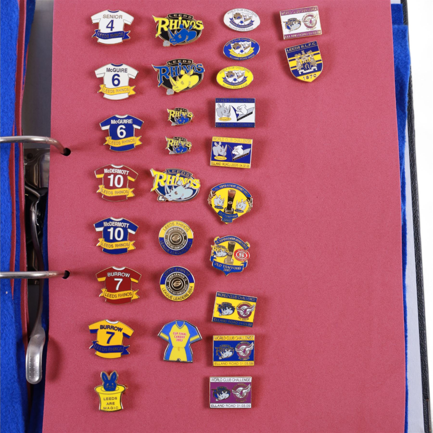 Rugby league enamel badge collection, from clubs including Leeds Rhinos, Lancashire Lynx, Leigh Centurions, London Broncos, Trafford Borough,Toulouse,  Belle Vue Rangers, Carlisle, Nottingham City Outlaws, housed in two folders, (approximately 280)