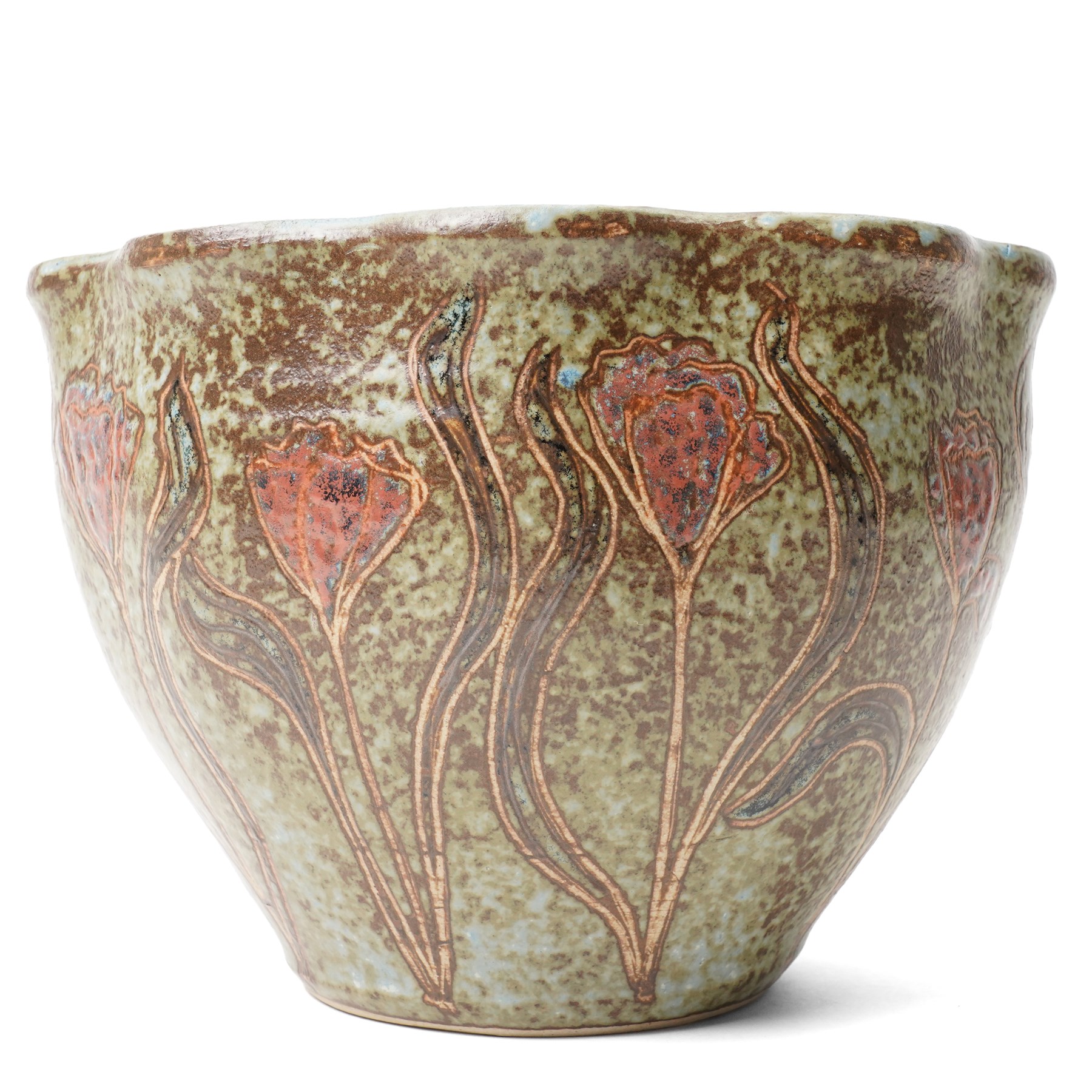 John Egerton (c1945-2024): Stoneware planter, decorated with carved flower motif, mottled blue background and scalloped rim, marked beneath, H18cm

