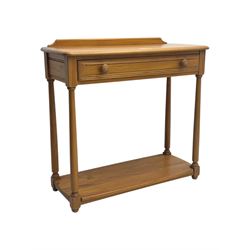 Lucian Ercolani for Ercol - mid 20th century light elm console table, rectangular top with raised gallery back over full-width frieze drawers, raised on tapered supports united by undertier 
